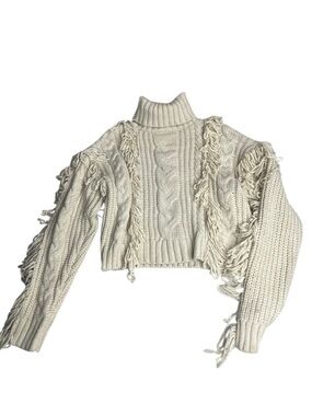 Forever 21 Cream Fringe Cable-Knit Turtleneck Sweater (WR72)